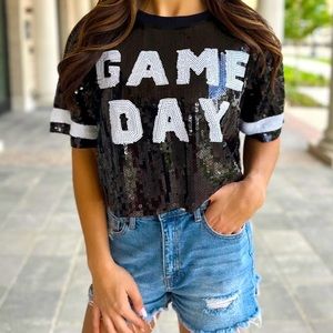 BLACK SEQUIN “GAME DAY” CROP
